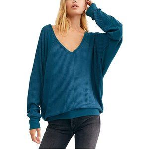 Free People Shirt Womens Small Turquoise Blue Thermal Waffle Knit Relaxed